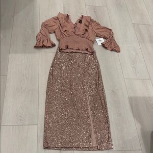 Animari Boutique Pink Ruffled Top and Free People Sequin Skirt Set